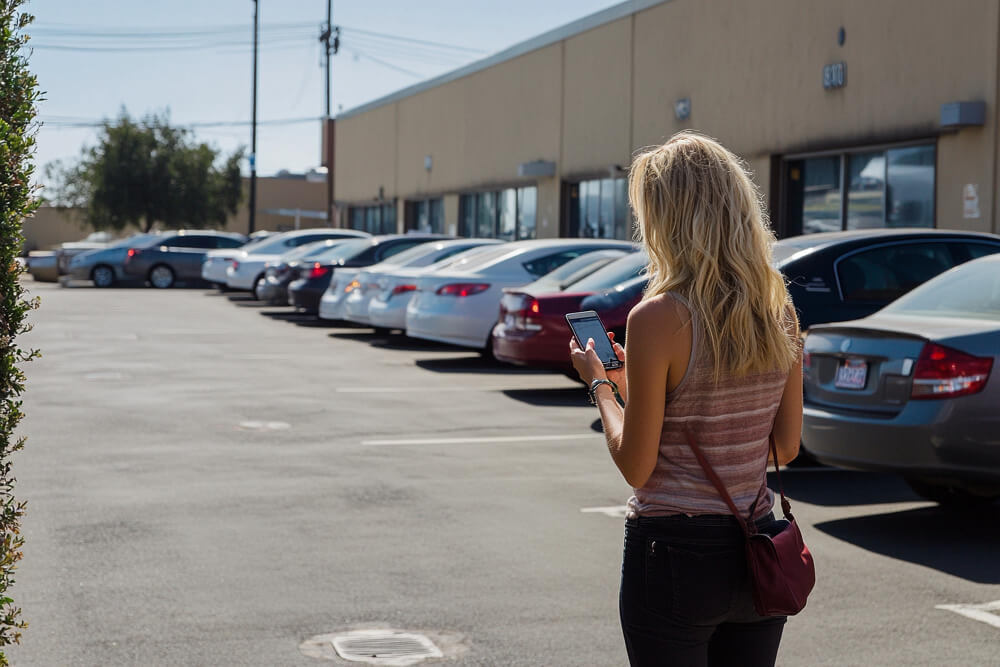 Eine Frau mit langen blonden Haaren schaut auf ihr Handy, während sie durch einen Parkplatz neben einer Reihe geparkter Autos geht
