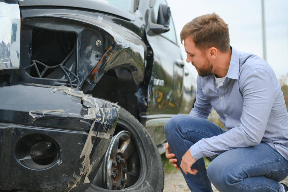 Ein Mann kniet neben einem beschädigten schwarzen Auto und begutachtet nach einem Unfall den zerbeulten Kotflügel und das freiliegende Rad