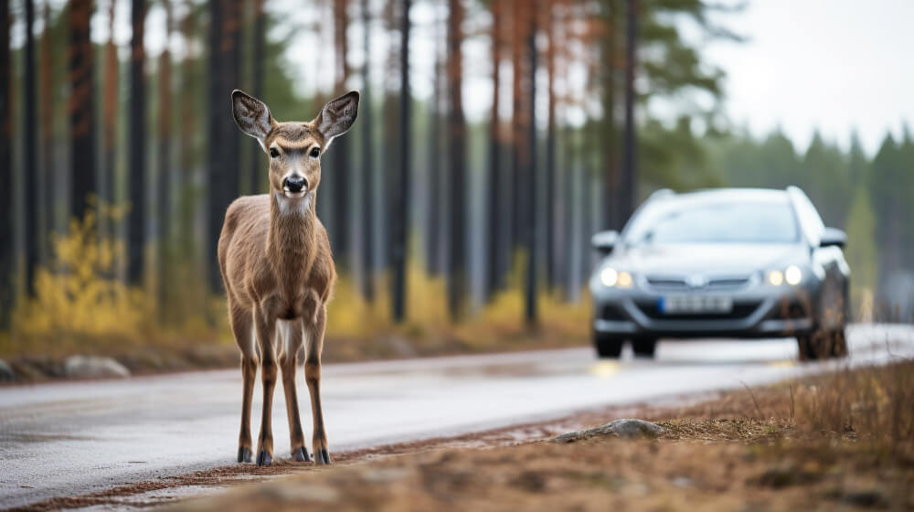 Ein Reh steht auf einer nassen Waldstraße, im Hintergrund nähert sich bei Regen ein Auto